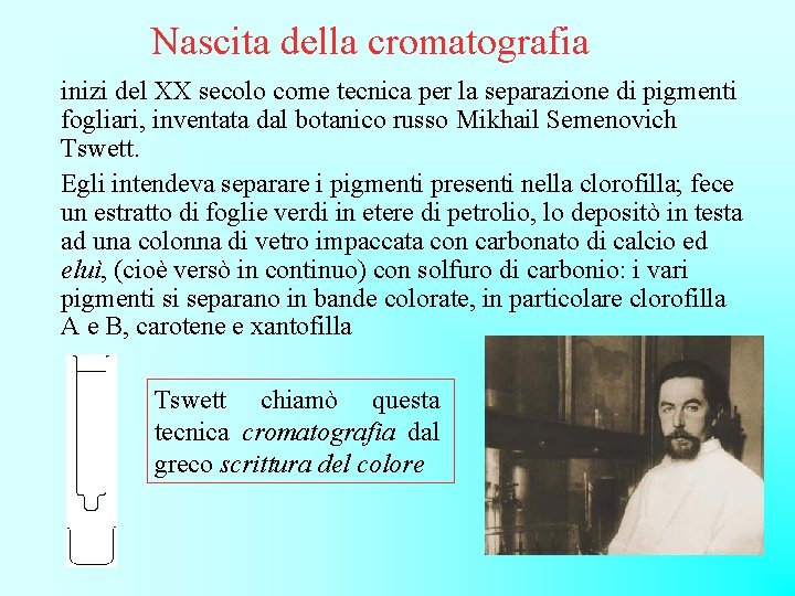 Nascita della cromatografia inizi del XX secolo come tecnica per la separazione di pigmenti