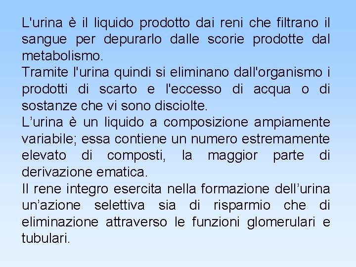 L'urina è il liquido prodotto dai reni che filtrano il sangue per depurarlo dalle