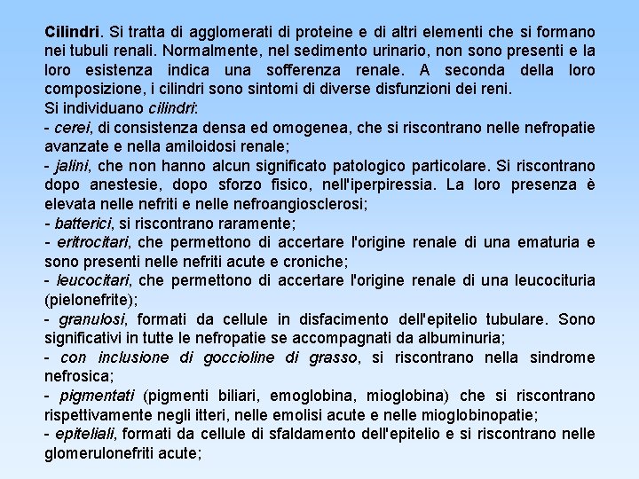 Cilindri. Si tratta di agglomerati di proteine e di altri elementi che si formano