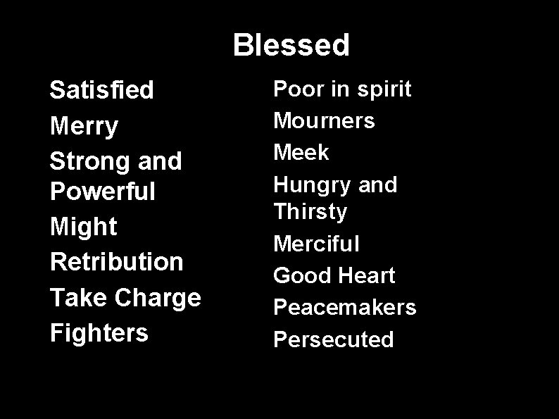 Blessed • Satisfied • Merry • Strong and Powerful • Might • Retribution •