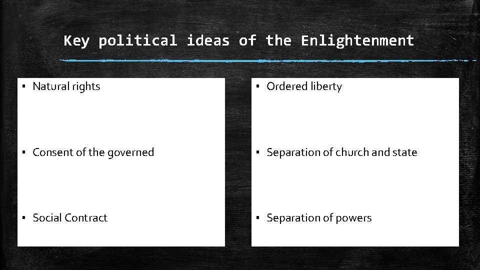 Key political ideas of the Enlightenment ▪ Natural rights ▪ Ordered liberty ▪ Consent