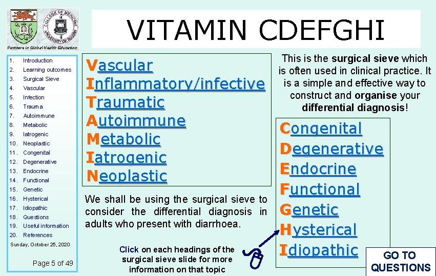 Partners in Global Health Education 1. Introduction 2. Learning outcomes 3. Surgical Sieve 4.