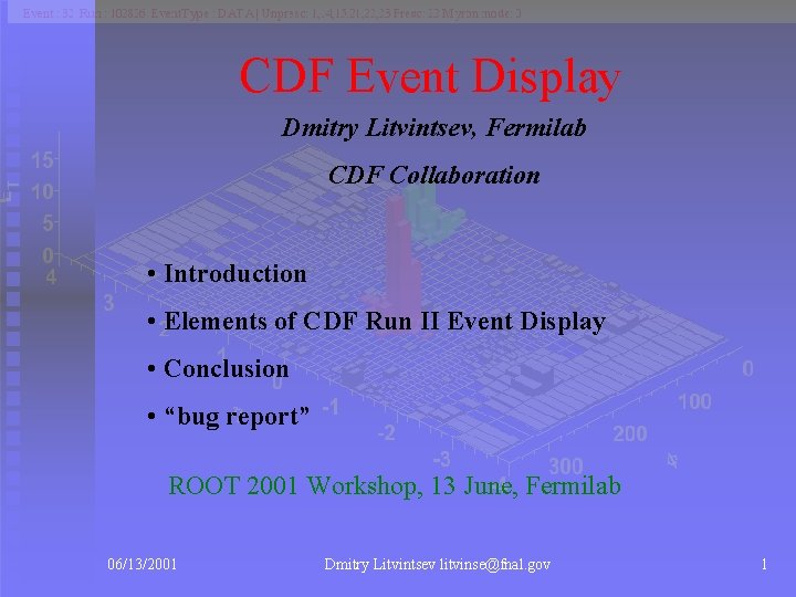 CDF Event Display Dmitry Litvintsev, Fermilab CDF Collaboration • Introduction • Elements of CDF