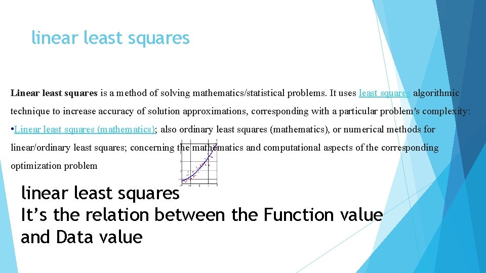 linear least squares Linear least squares is a method of solving mathematics/statistical problems. It