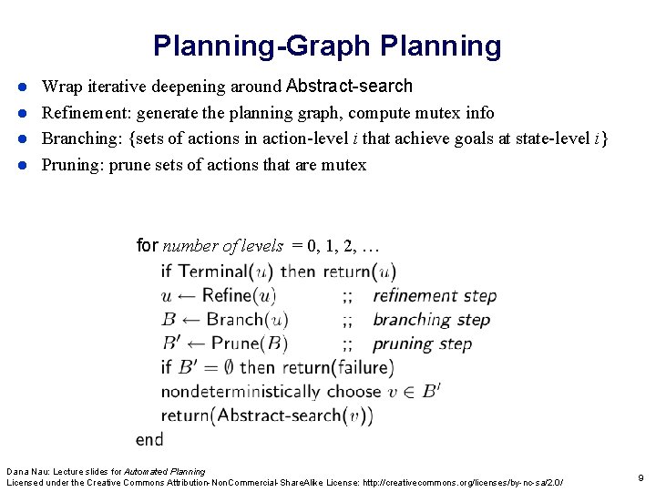 Planning-Graph Planning Wrap iterative deepening around Abstract-search Refinement: generate the planning graph, compute mutex