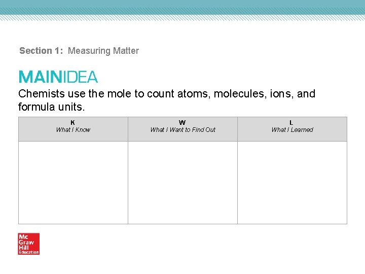 Section 1: Measuring Matter Chemists use the mole to count atoms, molecules, ions, and