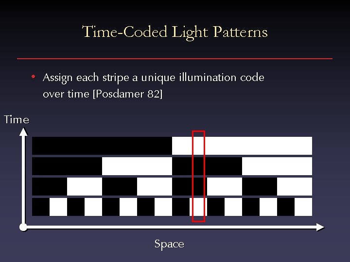 Time-Coded Light Patterns • Assign each stripe a unique illumination code over time [Posdamer