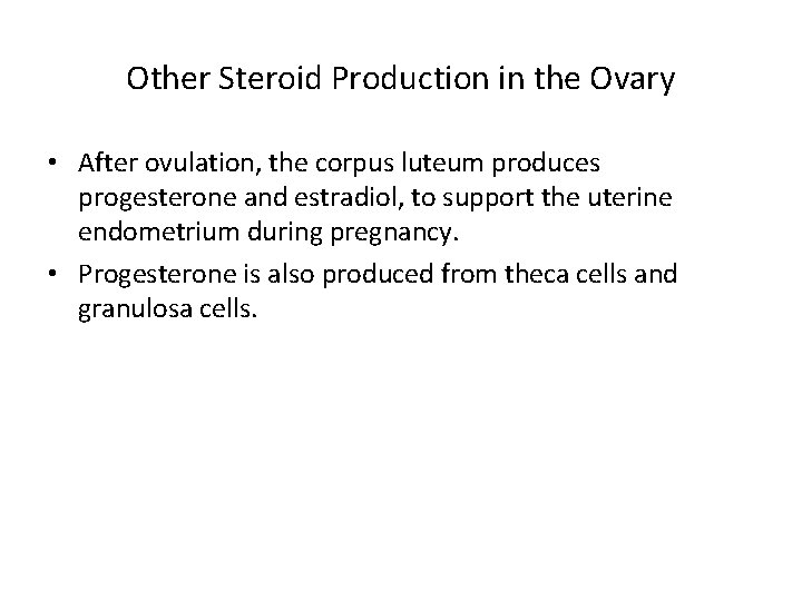 Other Steroid Production in the Ovary • After ovulation, the corpus luteum produces progesterone