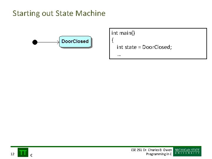 Starting out State Machine int main() { int state = Door. Closed; … 12