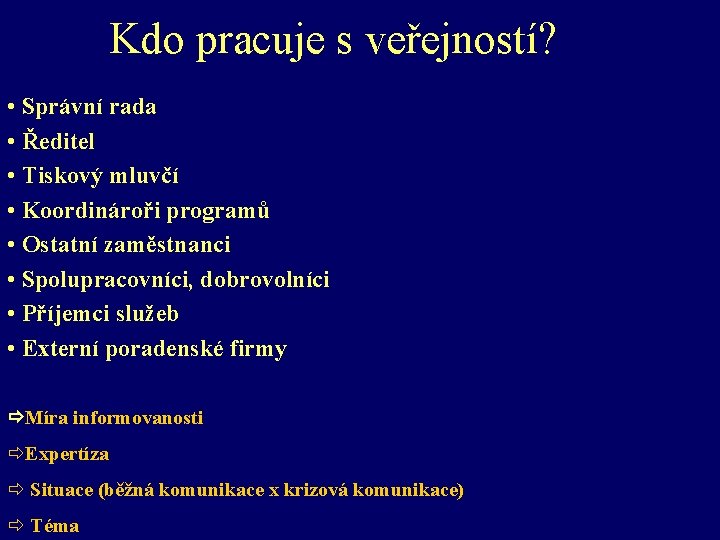 Kdo pracuje s veřejností? • Správní rada • Ředitel • Tiskový mluvčí • Koordinároři