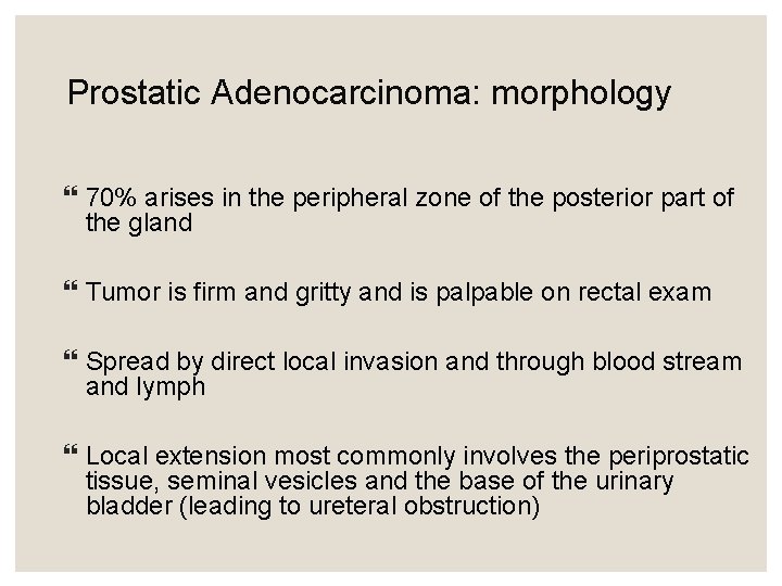 Prostatic Adenocarcinoma: morphology 70% arises in the peripheral zone of the posterior part of