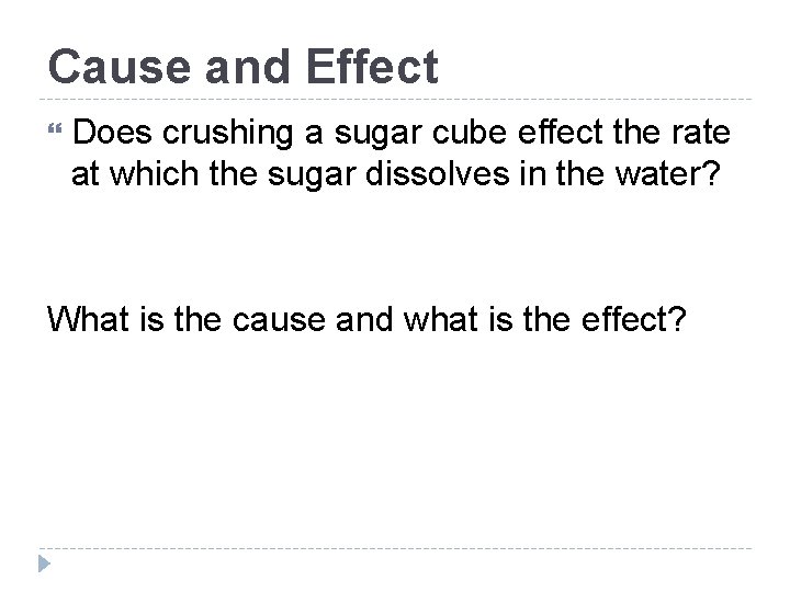 Cause and Effect Does crushing a sugar cube effect the rate at which the