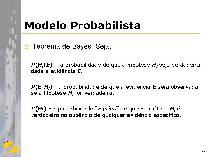 Modelo Probabilista p Teorema de Bayes. Seja: P(Hi|E) - a probabilidade de que a