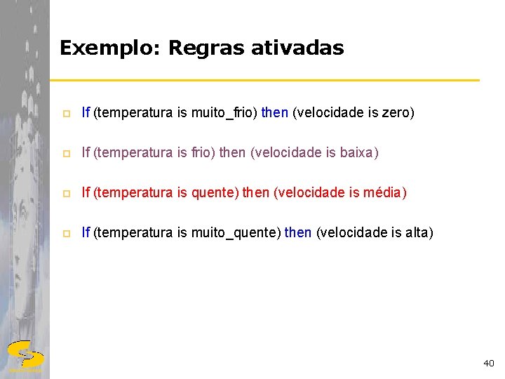 Exemplo: Regras ativadas p If (temperatura is muito_frio) then (velocidade is zero) p If