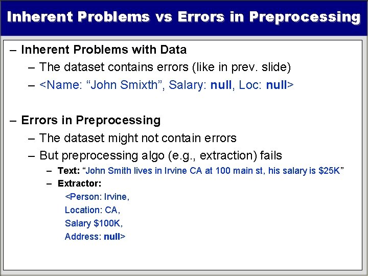 Inherent Problems vs Errors in Preprocessing – Inherent Problems with Data – The dataset Inherent Problems vs Errors in Preprocessing – Inherent Problems with Data – The dataset