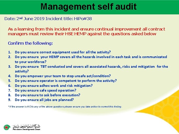 Management self audit Main contractor name – LTI# - Date of incident Date: 2