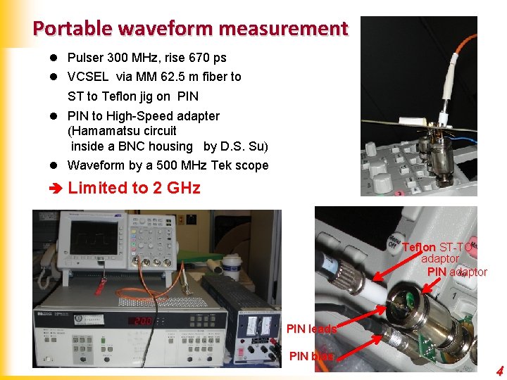 Portable waveform measurement l Pulser 300 MHz, rise 670 ps l VCSEL via MM