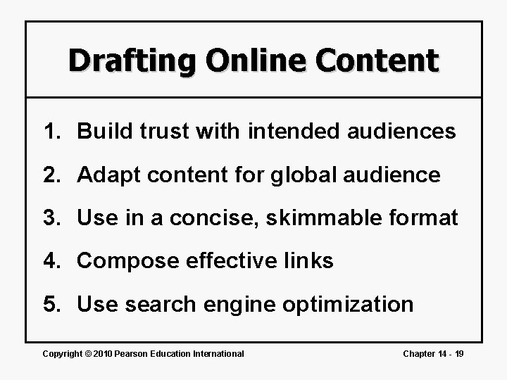 Drafting Online Content 1. Build trust with intended audiences 2. Adapt content for global