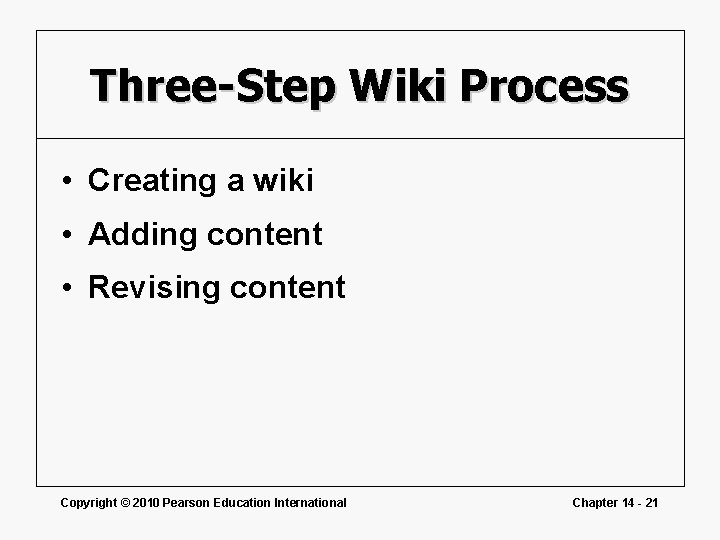 Three-Step Wiki Process • Creating a wiki • Adding content • Revising content Copyright