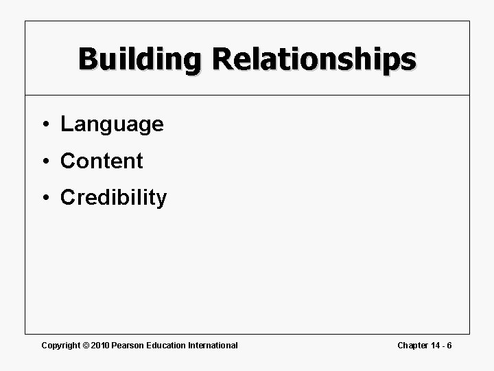 Building Relationships • Language • Content • Credibility Copyright © 2010 Pearson Education International