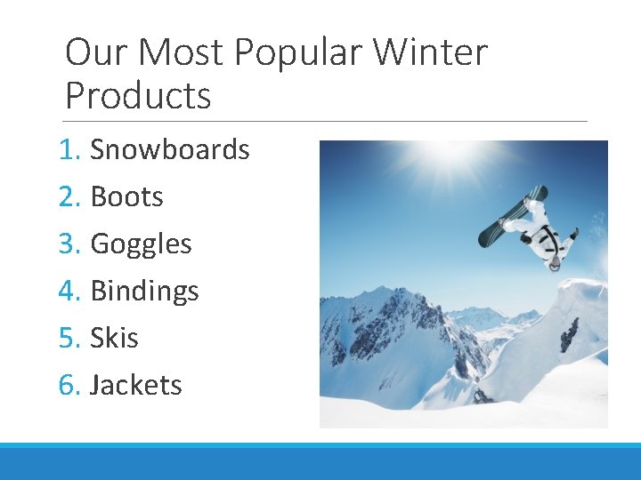 Our Most Popular Winter Products 1. Snowboards 2. Boots 3. Goggles 4. Bindings 5.