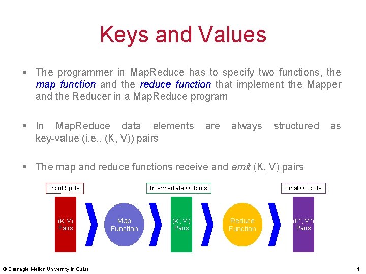 Keys and Values § The programmer in Map. Reduce has to specify two functions,