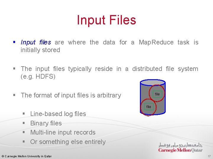 Input Files § Input files are where the data for a Map. Reduce task