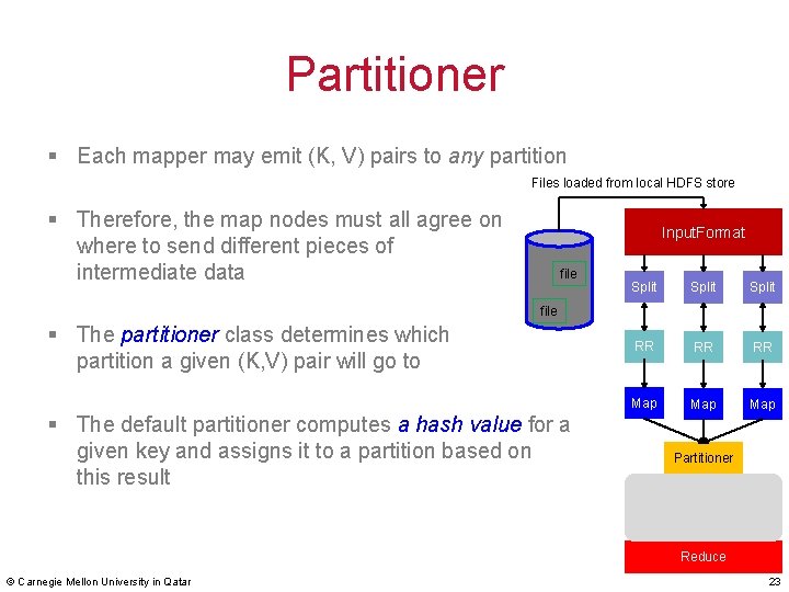 Partitioner § Each mapper may emit (K, V) pairs to any partition Files loaded