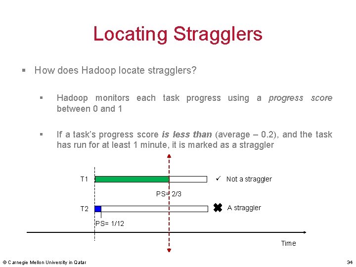 Locating Stragglers § How does Hadoop locate stragglers? § Hadoop monitors each task progress