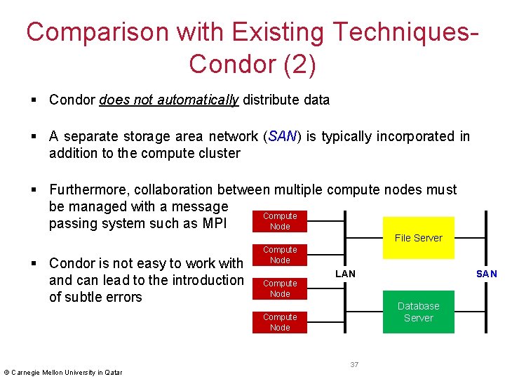 Comparison with Existing Techniques. Condor (2) § Condor does not automatically distribute data §