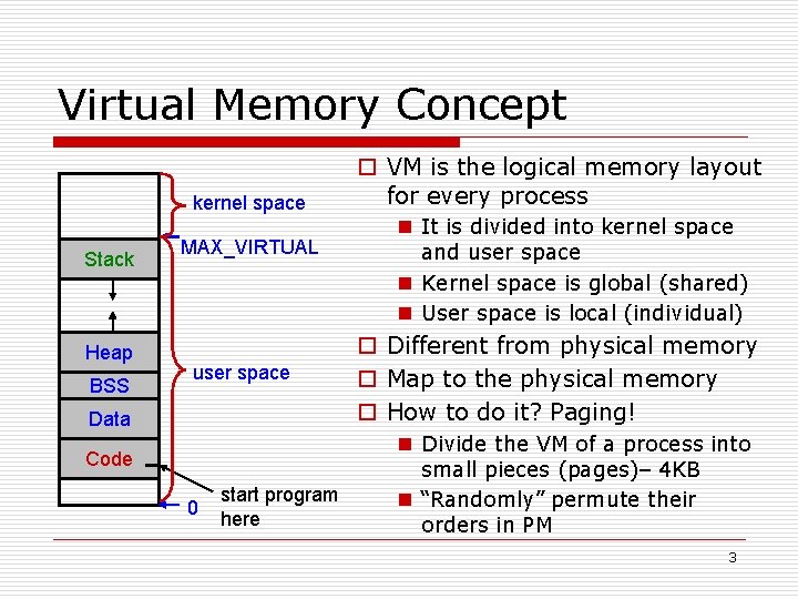 Virtual Memory Concept kernel space Stack Heap BSS MAX_VIRTUAL user space Data Code 0
