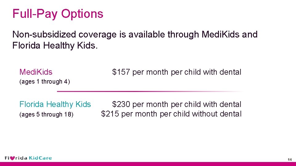 Full-Pay Options Non-subsidized coverage is available through Medi. Kids and Florida Healthy Kids. Medi.