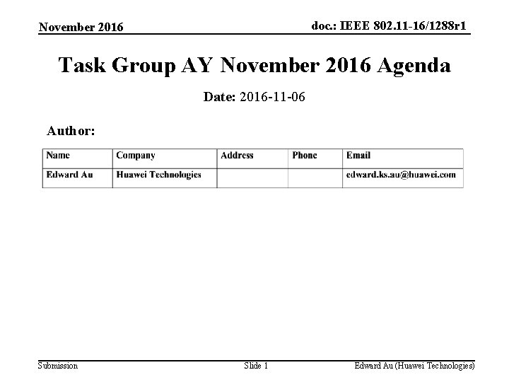 doc. : IEEE 802. 11 -16/1288 r 1 November 2016 Task Group AY November