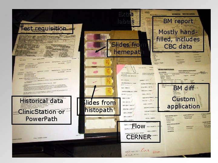 Extra labels Test requisition Slides from hemepath BM report Mostly handfilled, includes CBC data