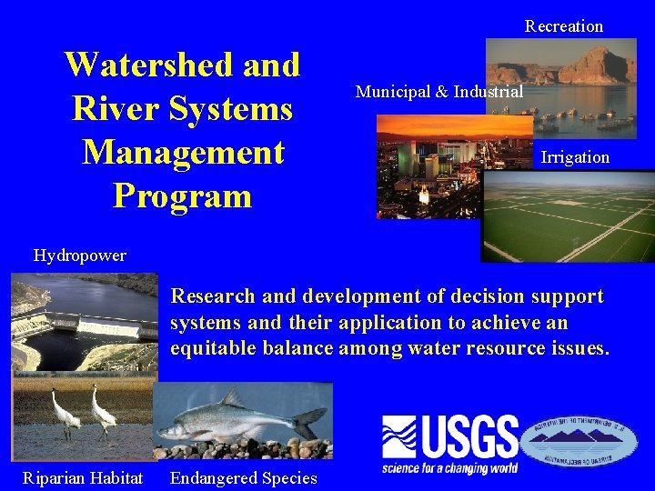 Recreation Watershed and River Systems Management Program Municipal & Industrial Irrigation Hydropower Research and