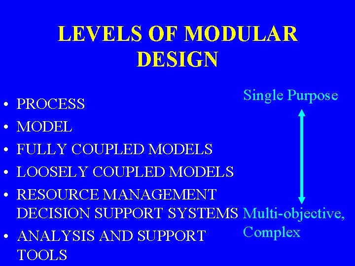 LEVELS OF MODULAR DESIGN • • • Single Purpose PROCESS MODEL FULLY COUPLED MODELS
