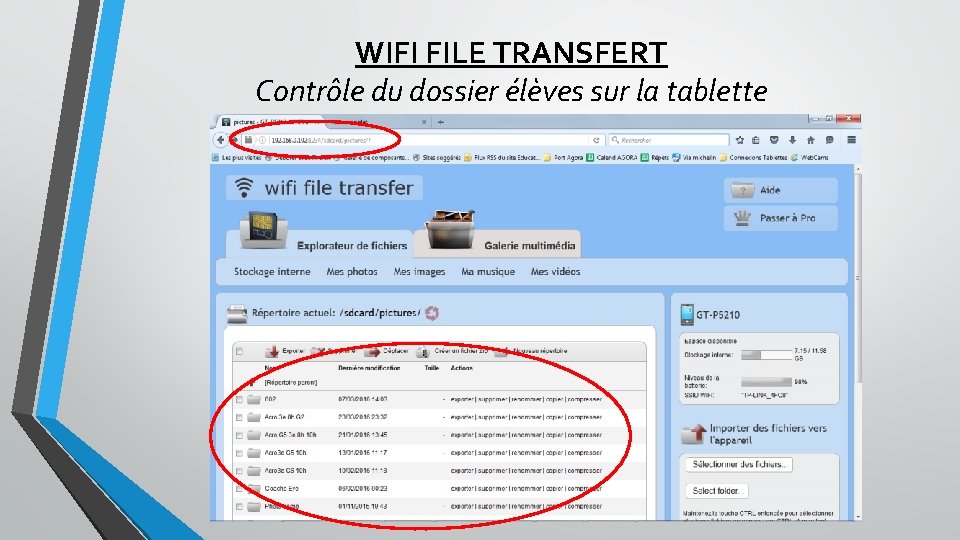 WIFI FILE TRANSFERT Contrôle du dossier élèves sur la tablette 