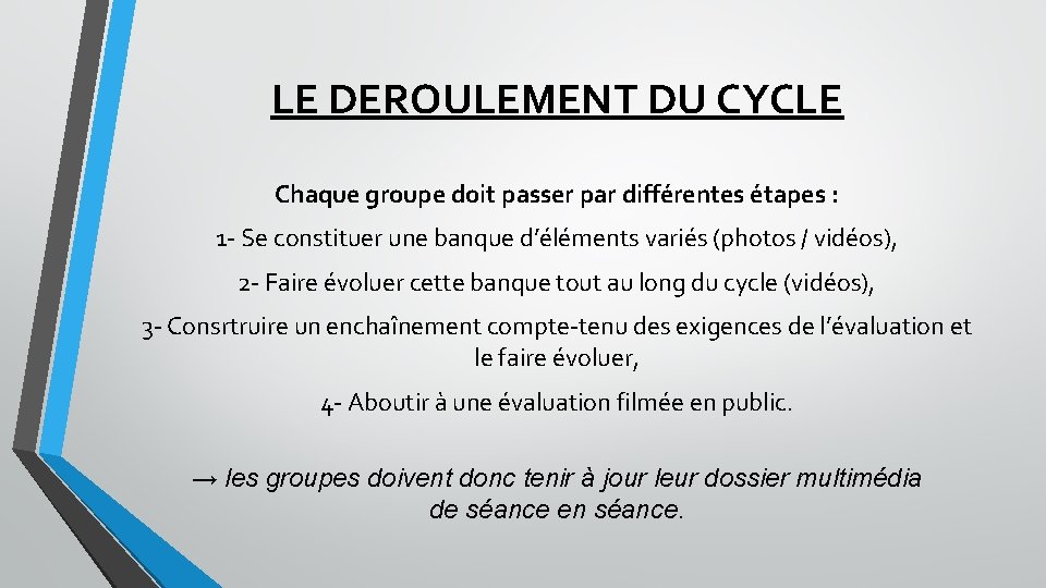 LE DEROULEMENT DU CYCLE Chaque groupe doit passer par différentes étapes : 1 -