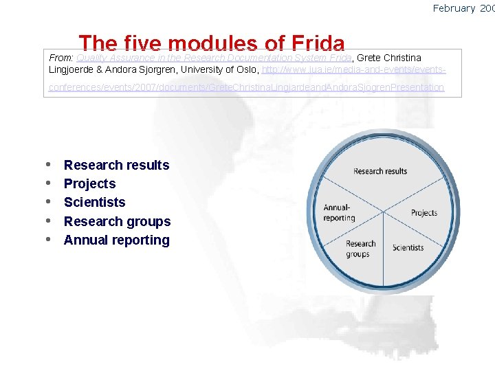 February 200 The five modules of Frida From: Quality Assurance in the Research Documentation