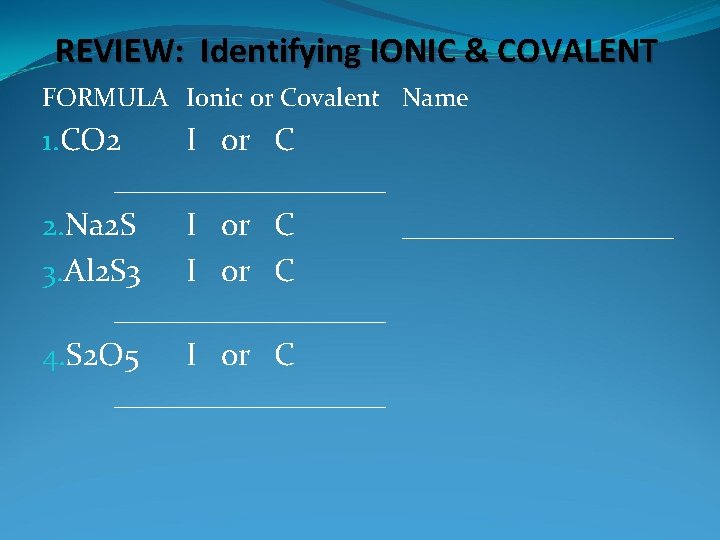 REVIEW: Identifying IONIC & COVALENT FORMULA Ionic or Covalent Name 1. CO 2 I REVIEW: Identifying IONIC & COVALENT FORMULA Ionic or Covalent Name 1. CO 2 I