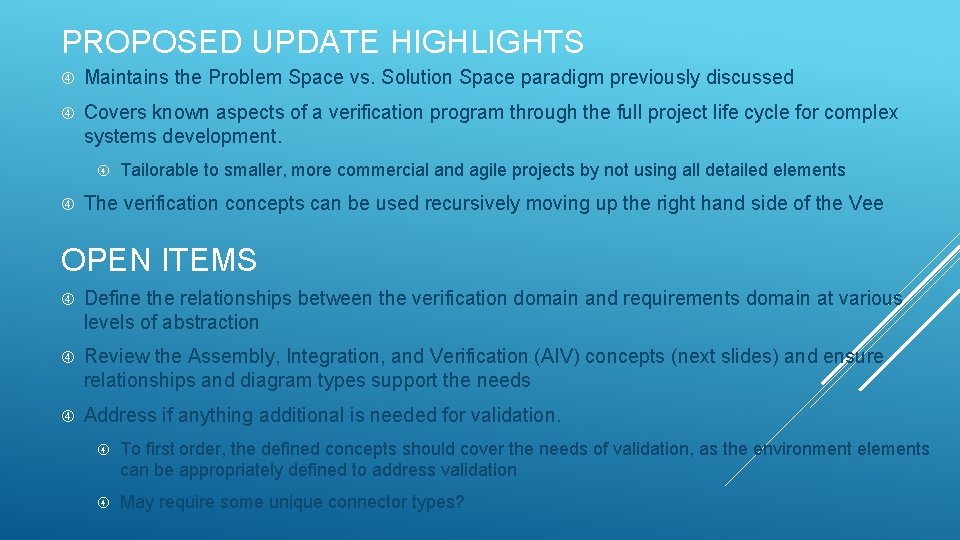 PROPOSED UPDATE HIGHLIGHTS Maintains the Problem Space vs. Solution Space paradigm previously discussed Covers