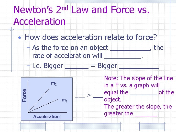 Newton’s 2 nd Law and Force vs. Acceleration • How does acceleration relate to