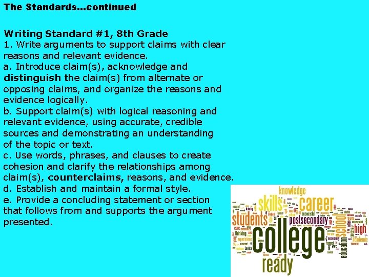 The Standards…continued Writing Standard #1, 8 th Grade 1. Write arguments to support claims