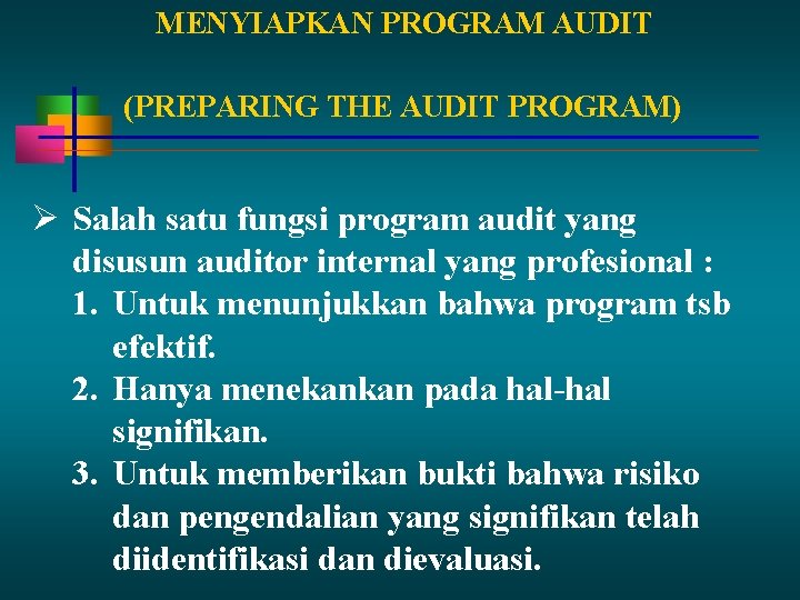 MENYIAPKAN PROGRAM AUDIT (PREPARING THE AUDIT PROGRAM) Salah satu fungsi program audit yang disusun