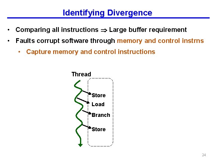 Identifying Divergence • Comparing all instructions Large buffer requirement • Faults corrupt software through