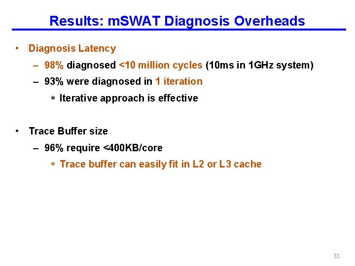 Results: m. SWAT Diagnosis Overheads • Diagnosis Latency – 98% diagnosed <10 million cycles