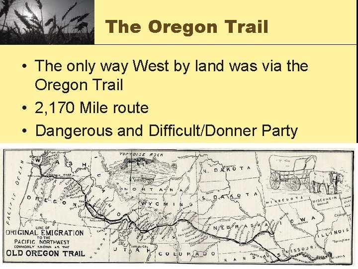 The Oregon Trail • The only way West by land was via the Oregon