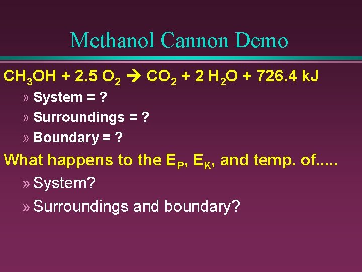 Methanol Cannon Demo CH 3 OH + 2. 5 O 2 CO 2 +