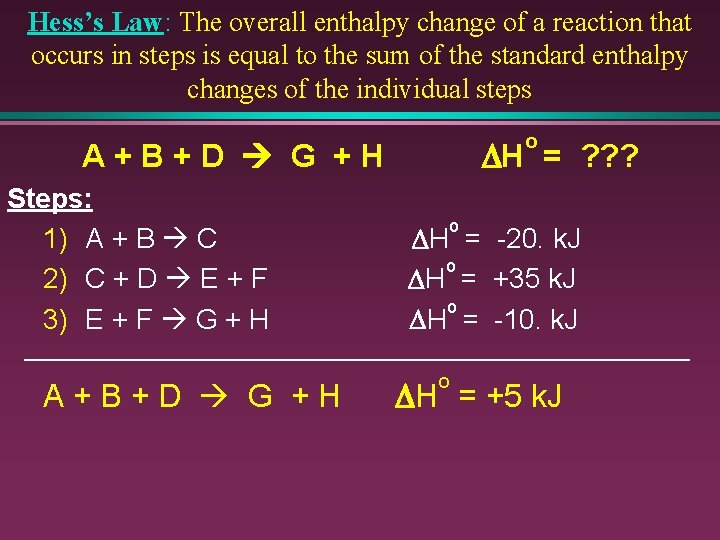 Hess’s Law: The overall enthalpy change of a reaction that occurs in steps is