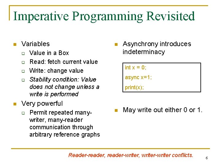 Imperative Programming Revisited n Variables q q n n Value in a Box Read: